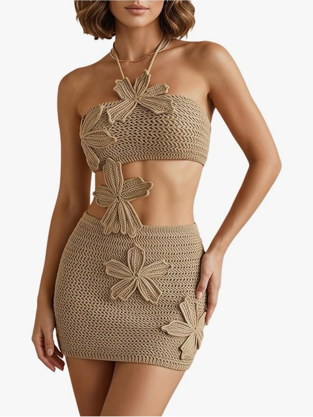 Beige Crochet Floral Mini Skirt - Women Skirts